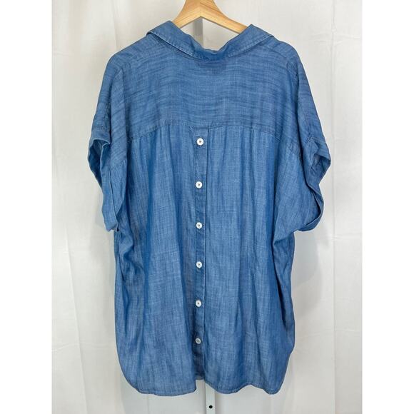TALBOTS Popover Tunic Top Rolled Short Sleeve Henley Chambray Blue Size 2X Plus - Picture 2 of 10
